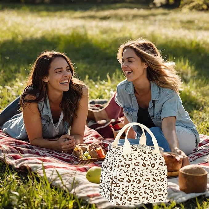 BTOOP Lunch Box for Women Men Cute Corduroy Lunch Bags Large Capacity Insulated Lunch Tote Bag For Work Travel Or Picnic (Beige-Brown-Leopard)