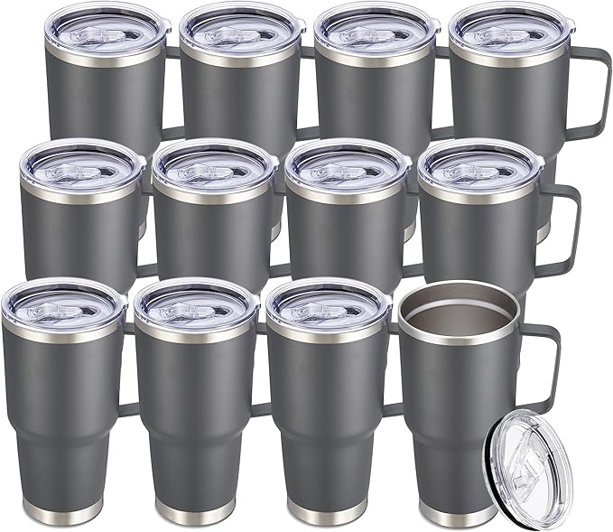 30 oz Tumbler with Handle and Lid, Stainless Steel Tumblers Bulk Double Wall Vacuum Insulated Travel Mug Leak Proof Cup Keep Drinks Cold and Hot Grey, 12 Pack