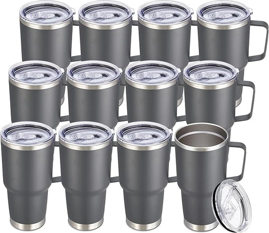 30 oz Tumbler with Handle and Lid, Stainless Steel Tumblers Bulk Double Wall Vacuum Insulated Travel Mug Leak Proof Cup Keep Drinks Cold and Hot Grey, 12 Pack