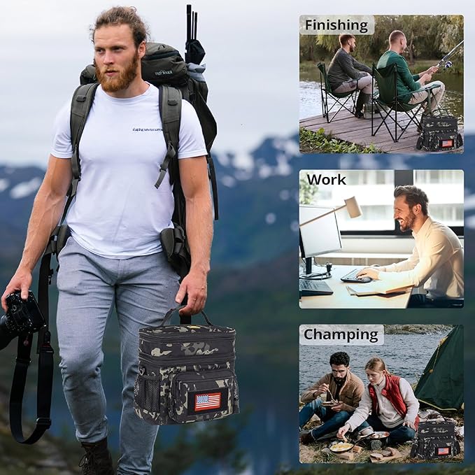 ATRIPACK Lunch Bag for Men, Double Deck Tactical Lunch Box Work with Shoulder Strap MOLLE Webbing Large Lunch Cooler Leakproof Insulated （Camo-Black）