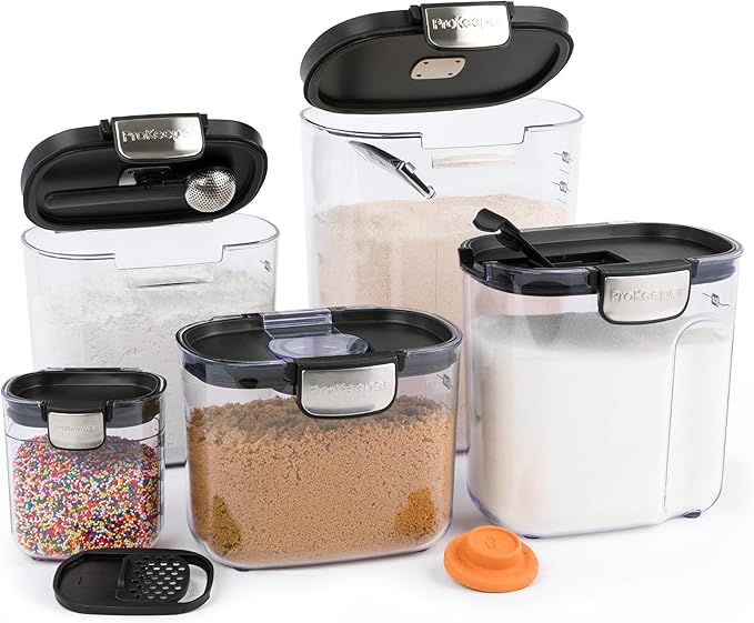 ProKeeper+ Airtight Food Storage Container Set – Clear Plastic Flour and Sugar Canister Set with Magnetic Accessories for Kitchen Organization (Black, 9-Piece)