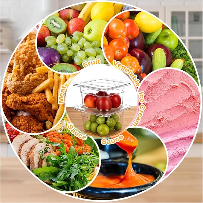 West Bay 10 Pack 1/6 Size Plastic Food Pans with Lids, 4 Inch Deep Clear Polycarbonate Hotel Pans for Commercial & Home Use, Stackable Food Storage Containers for Fridge, Kitchen & Catering