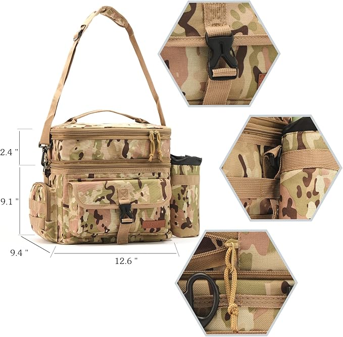 Tactical Lunch Bag for Men Expandable Double Deck Insulated Lunch Box Leakproof Large Capacity Thermal Cooler Bag with MOLLE Water Bottle Pouch for Adults for Work Picnic Camping（Camouflage）