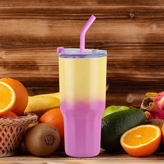 VEGOND 30 oz Insulated Stainless Steel Tumblers with lid and straw Bulk Pack Coffee Mug with Non-Slip Silicone Base, Sweat Proof Powder Coated Cup for Hot Cold Drinks, Pink and Yellow 4Pack