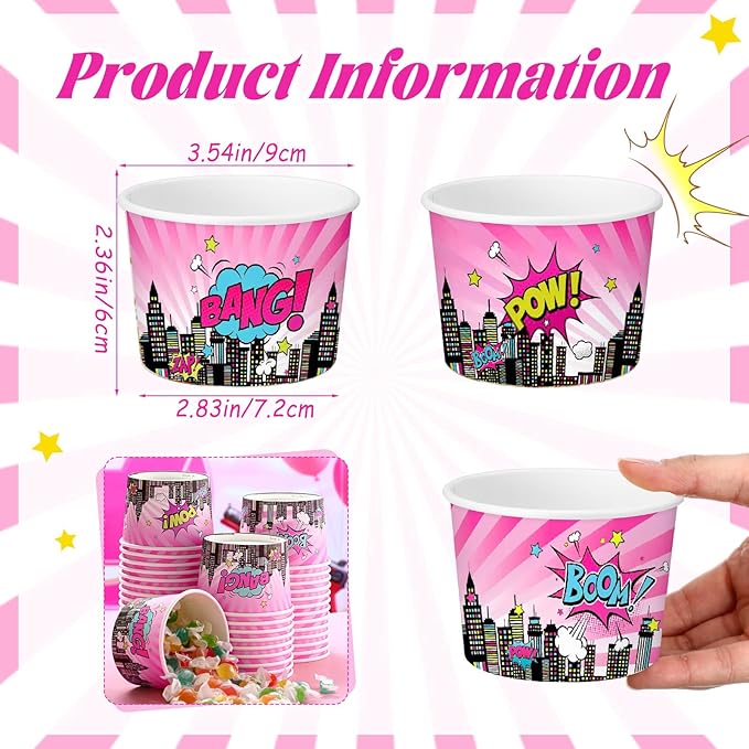 50 Pack Pink Hero Treat Snack Cups Girl Pink Comic Hero Ice Cream Cups 9 oz Super Theme Disposable Dessert Bowls Paper Soup Bowls for Hot or Cold Food for Birthday Baby Shower Party Supplies