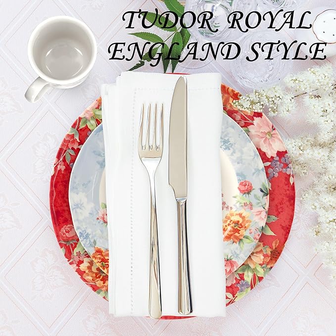 Tudor Royal 16-Piece Porcelain Round Dinnerware Set, Service for 4, Crimson Design, Summer Floral, Plates Bowls Mugs Dishes, Glossy, Premium Quality Tableware, Unique Pattern