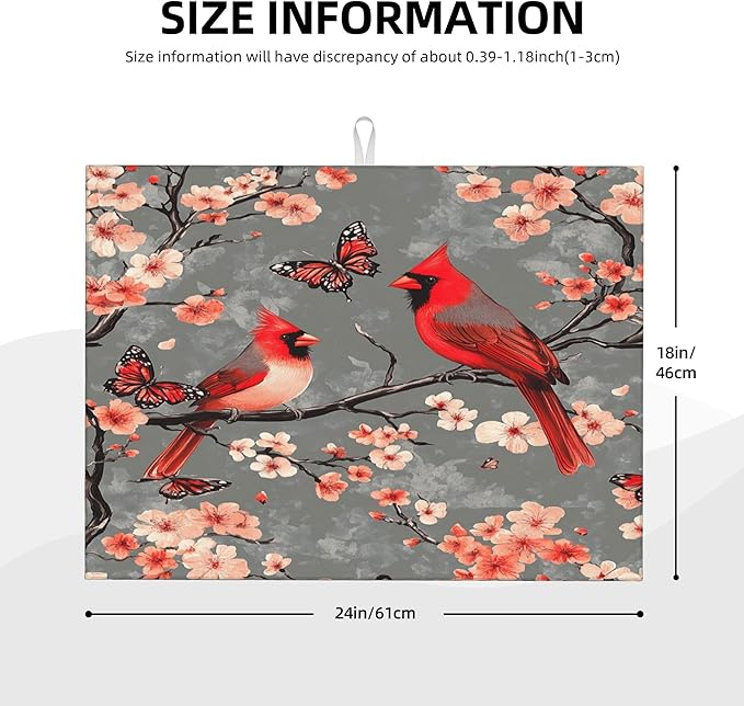 Cardinal Birds Dish Drying Mat for Kitchen Counter Microfiber Super Absorbent Non-Slip Dish Drying Pad for Countertops Dishes Utensils Stylish Quick-Dry Machine Washable 18x24 Inch
