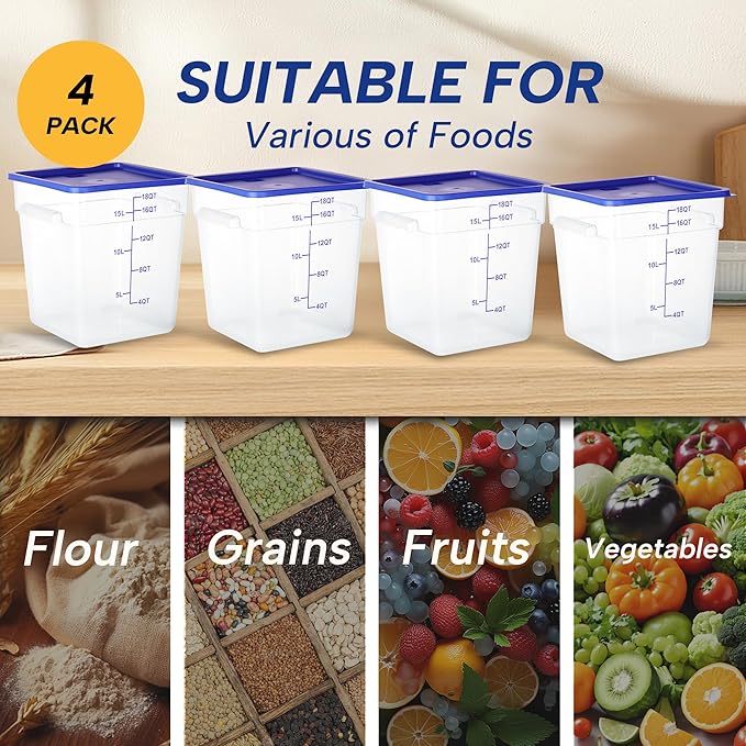 4 Pack 18 Quart Food Storage Containers with Lids, Polycarbonate Square Commercial Food Containers, NSF, Clear, New Version