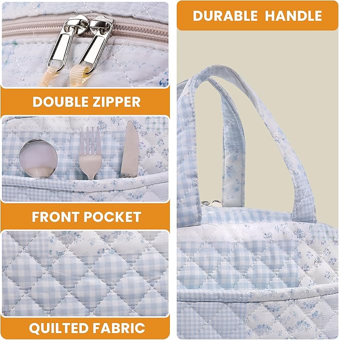Quilted Lunch Box for Women,Insulated Cute Reusable Lunch Bag with Front Pocket,Pink Flower Stylish Lunch Tote Bag for Work, Office,Picnic, Travel,School (green blue pin)