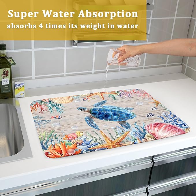 Sea Turtle Dish Drying Mat 18x24 inch Tropical Ocean Fast Dry Absorbent Microfiber Dishes Drainer Rack Pad for Countertop Bar Table Decor