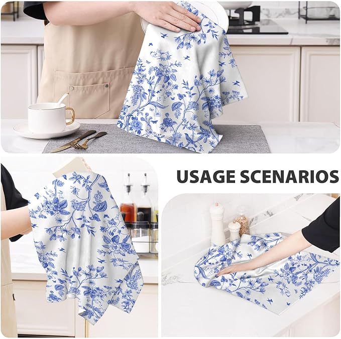 Chinoiserie Floral Kitchen Towels Decorative Set of 2, Soft Absorbent White Blue Flowers Bird Hand Tea Towels for Kitchen Farmhouse Holiday Home Decorations 16x24 Inch