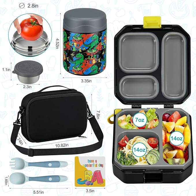 Bento Lunch Box for Kids with 12oz Soup Thermo Leak-Proof Lunch Food Container with 5 Compartment Thermo Hot Food Jar and Insulated Lunch Bag for Kid Toddler Girls Boys to School