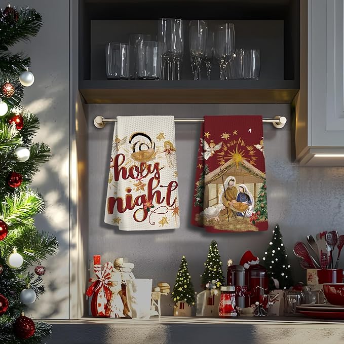 Christmas Kitchen Towels,Christmas Jesus Decor,Nativity Scene Winter Dish Towels Set of 2,Holy Night Tea Towels,Christmas Saying Winter Holiday Hand Towels,Gifts for Women,Nativity Gifts 16×24