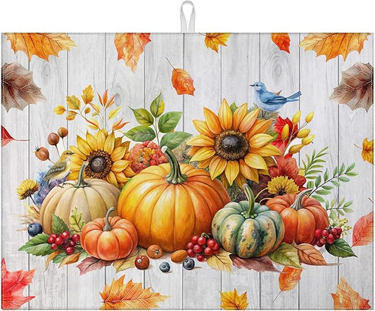 Sunflower Pumpkin Dish Drying Mat for Kitchen Counter drying Pad Absorbent Reversible Dish Drainer Rack Mats Draining Pad 18"x24"Inch