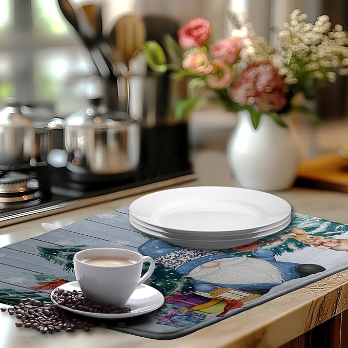 Winter Gnome Dish Drying Mat Christmas Tree Snowman Large Kitchen Mats Dish Drying Pad Bird Absorbent Dish Dryer Mat for Kitchen Countertops Microfiber Drainer Pad Dish Drying Mats (18x24 in)