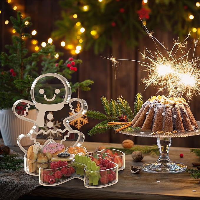 11" Christmas Gingerbread Man Charcuterie Boards, Acrylic Reusable Serving Tray for Dessert Appetizer Display, Cute Decorative Snack Platter for Xmas Party Table Decoration