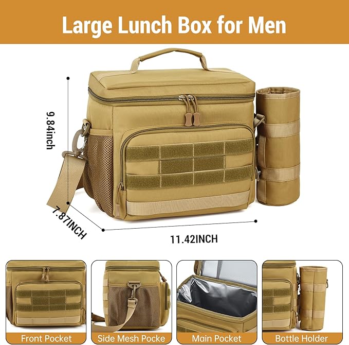 Tactical Lunch Box for Men, Insulated Lunchbox Waterproof Leakproof Cooler Lunch Bag for Work Outdoor Picnic, 24 Cans/15 L, Khaki