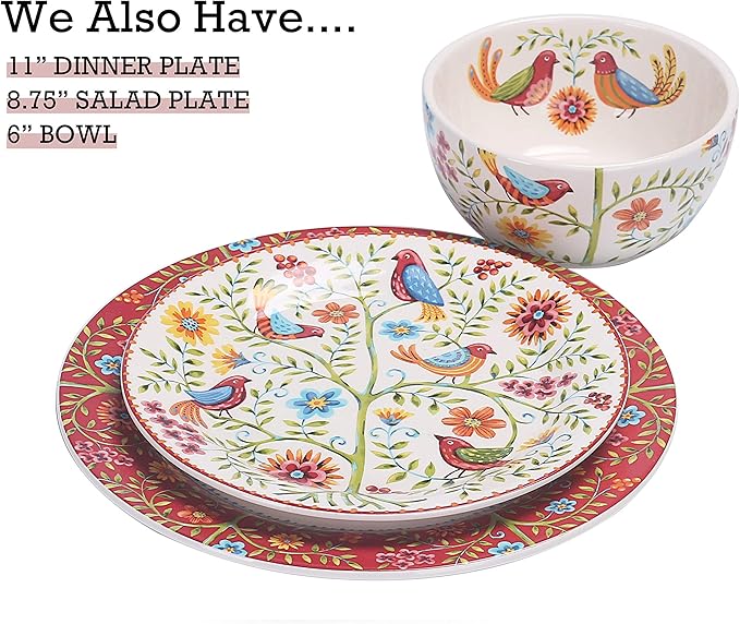 Bico Red Spring Bird Dinner Plates Set of 4, 11 Inch Large Ceramic Plates for Pasta, Steak, Stylish Serving Dishes, Microwave and Dishwasher Safe, Gift for Housewarming and Thanksgiving