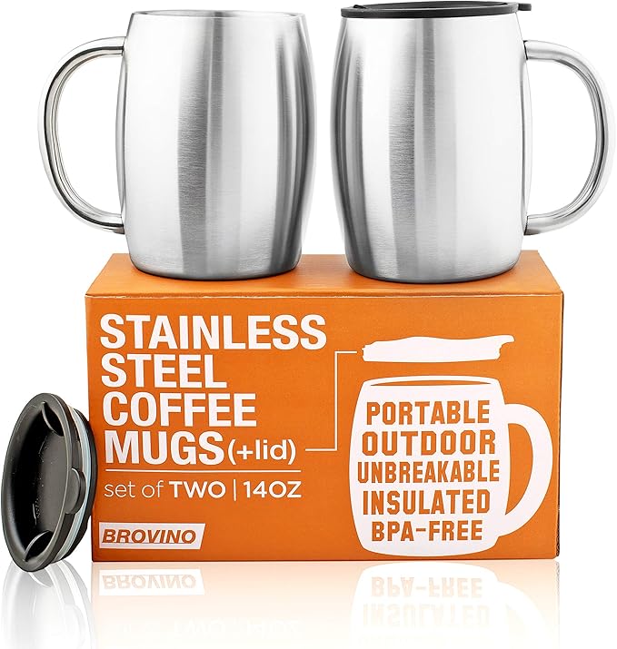 Stainless Steel Coffee Mugs with Lid (Set of 2) - 14 oz Double Walled Steel Coffee Glasses with Lid & Handle - Travel, Outdoor, Camping - Vacuum, Shatterproof, Durable