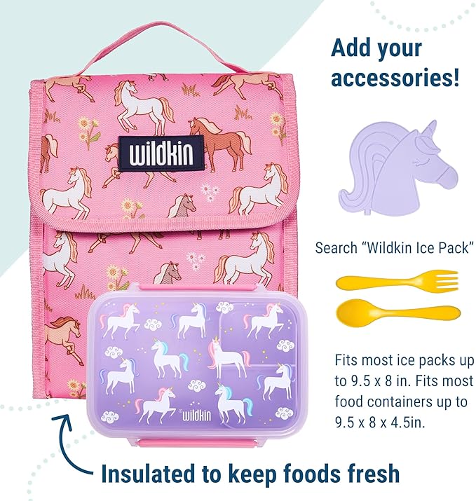 Wildkin Kids Insulated Lunch Bag – Reusable, Ideal for Hot/Cold Snacks, School & Travel - Wild Horses