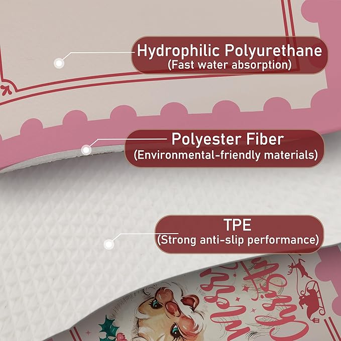 Pink Santa Christmas Dish Drying Mat, Preppy Merry Christmas Coffee Bar Mat for Countertops, Xmas Santa Reindeer Absorbent Dish Drying Mats for Kitchen Counter Coffee Maker, 16x24 Inch