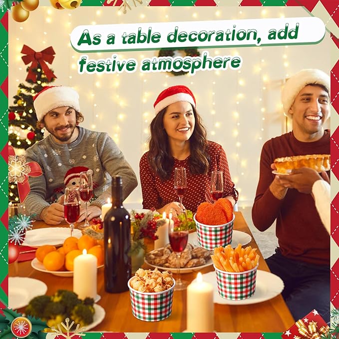 50 Pack Christmas Plaid Treat Snack Cups 9 oz Xmas Red and Green Checkered Disposable Dessert Bowls Paper Soup Bowl Buffalo Plaid Ice Cream Cups for Hot or Cold Food Holiday Wedding Birthday