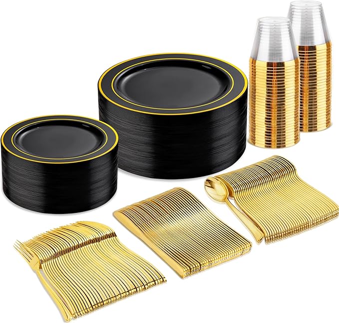 bUCLA 150 Pieces Black and Gold Disposable Dinnerware Set - 25 Guests Black Gold Plastic Plates Include 25 Dinner & 25 Dessert Plates, 25 Spoons, 25 Forks, 25 Knives, 25 Cups for Party & Halloween