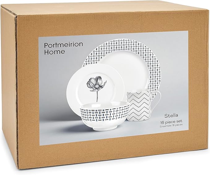 Portmeirion Home Stella 16 Piece Set - Monochrome Porcelain Dinnerware Collection with Patterned Borders, Mix & Match Designs - Ideal for Family Dining, Casual Entertaining & Modern Table Settings
