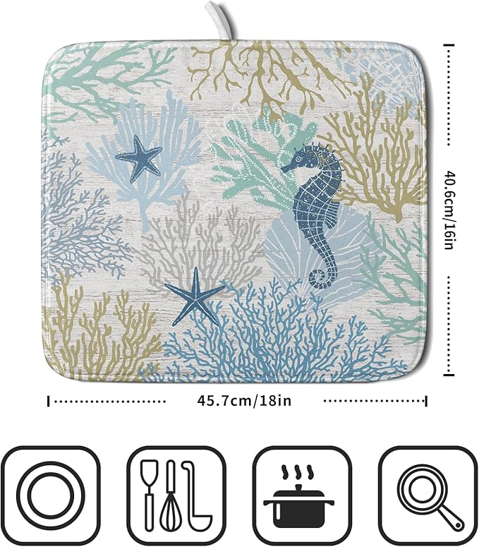 Blue Coral Dish Drying Mat Coastal Starfish Dishes Pad Hanging Drainer Mats Reversible Absorbent Kitchen Counter Protector 16x18 Inch
