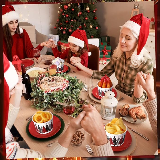 50 Pack Christmas Tree Treat Snack Cups Xmas Red and Black Buffalo Plaid Paper Ice Cream Cups 9 oz Disposable Dessert Bowls Soup Bowls for Hot or Cold Food Winter Xmas Holiday Party Supplies