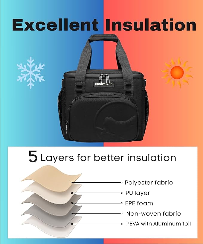 SUNNY BIRD 12L Large Insulated Lunch Bag, Leakproof and Foldable Lunch Cooler Box for Women Adult and Men, Fits 18 Cans (Black 01)