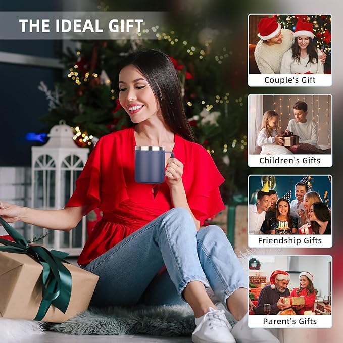 Volhoply 14oz Insulated Stainless Steel Coffee Mug with Lid Bulk 8 Pack,Double Wall Vacuum Travel Coffee Cup with Handle,Reusable Metal Cups Tumbler,Camping Mugs Keep Hot,Ideal Gifts(Navy,8)