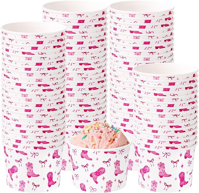 50 Pack Western Pink Cowgirl Ice Cream Cups 9 oz Disco Cowgirl Disposable Dessert Bowls Bow Paper Soup Bowls for Hot or Cold Food for Western Baby Shower Wedding Birthday Bachelorette Party