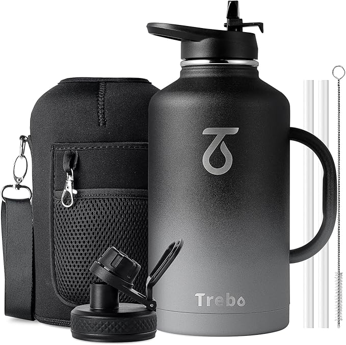 Trebo Half Gallon Water Bottle Insulated with Handle, 64 oz Double Wall Stainless Steel Metal Large Jug, Travel Flask with Straw Spout Lid, Mug Tumbler with Carry Pouch, Keep Cold Hot, Dark Gray