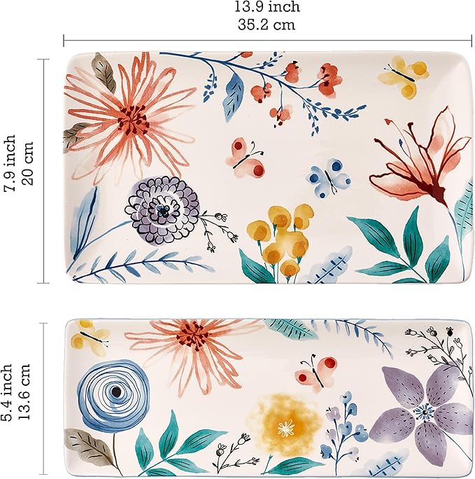 Bico Blossom Symphony Ceramic 14 inch Rectangular Serving Platter, Set of 2, for Serving Salad, Pasta, Cheese, Ham, Appetizer, Microwave & Dishwasher Safe