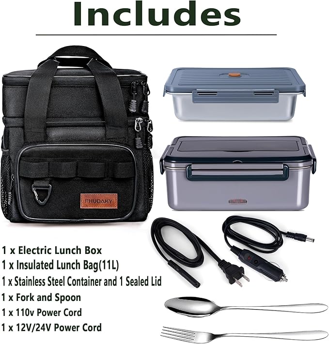 60oz Electric Lunch Box for Adults Men, 80W Heated Lunch Box with Insulated Lunch Bag,12v/24v/110v Portable Food Warmer Heatable Lunchbox for Car Truck Work Travel