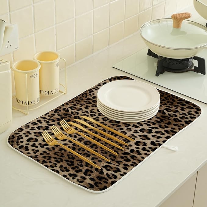 Brown Leopard Print Dish Drying Mats 18x24 Inches for Kitchen Counter Animal Print Skin Cheetah Kitchen Decorations Drying Mats Seasonal Outdoor Mat Drying Pad for Office Dining Room Decor