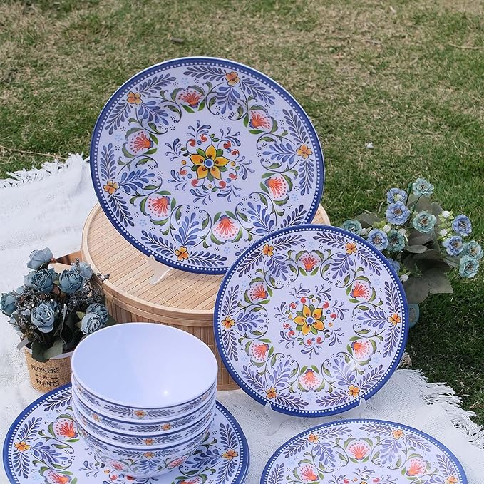 Melamine Dinnerware Set 12-Piece for 4 Dish Set Plates Bowls Unbreakable Dishware for Indoor Outdoor Use Lightweight Durable for Camping Picnics Parties Purple