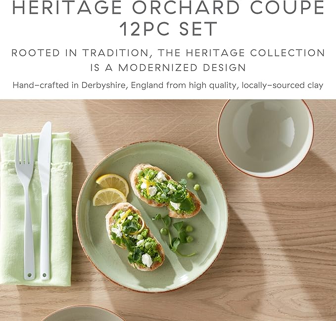 Denby - Heritage Orchard Coupe Dinner Set For 4-12 Piece Simple Ceramic Stoneware Tableware Set - Dishwasher Microwave Oven Safe - Scratch Chip Resistant