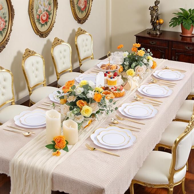 WONDERFUL 60pcs White Plastic Plates Disposable Heavy Duty White and Gold Plastic Plates for Party High-End Plate Includes 30 10.25in Dinner & 30 7.5in Dessert Plate Wedding/Christmas/Thanksgiving