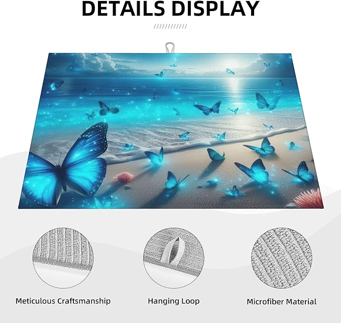Blue Butterfly Beach Dish Drying Mat 18x24 Inch, Microfiber Absorbent Fast Dry Mat Large Dish Mat Drying Kitchen Mat, Kitchen Drying Pad for Kitchen Counter Coffee Bar Decor Gifts