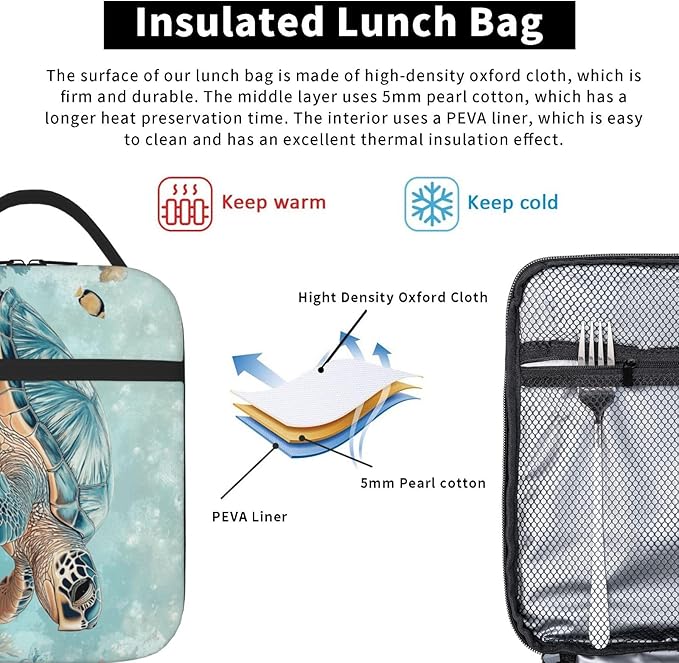 SUPLUCHOM Lunch Bag Turtle Sea Coral Ocean Insulated Bento Box Cooler with Side Pocket for Girl Boy Women Men Work School Picnic Hiking Daytrip
