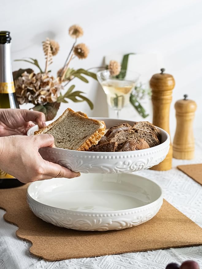 YHOSSEUN Ceramic Pasta Bowls Set of 4, 50 OZ Large Salad Serving Bowl, 9.75" Pasta Plates Shallow Bowl Plate, Microwave Dishwasher Safe, Embossed Morning Glory