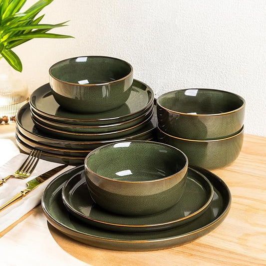 AmorArc Stoneware Dinnerware Sets,Round Reactive Glaze Ceramic Plates and Bowls Set,Highly Scrath Resistant | Dishwasher & Microwave Safe Dishes,Service for 6 (18pc)