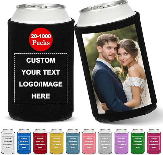 20-1000 Packs Custom Can Coozies Bulk, Personalized Coolers Sleeves with Photo Text Logo, Foldable Portable Gifts for Weddings, Birthdays, Bachelor Party (Regular – 12 OZ)