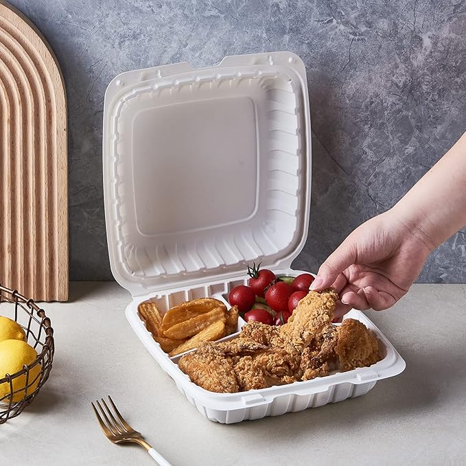 CIAO! 9"x9"x3" MFPP White Hinged Container With Lid 3 Compartment (Case of 150)