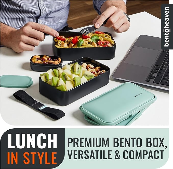 Bentoheaven Premium Bento Box Adult Lunch Box with Compartments for Women & Men, Set of Utensil & Chopsticks & Dip Container, Cute Japanese Kids Bento Lunch Box, Microwavable (Billie Green)