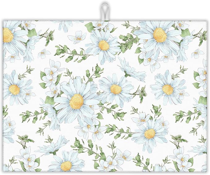 White Chamomile Flowers Dish Drying Rack Mats Decor, Dish Pad Drying Mat Kitchen Counter 18x24 Inch Absorbent Reversible Microfiber for Coffee Bar Sink Countertop