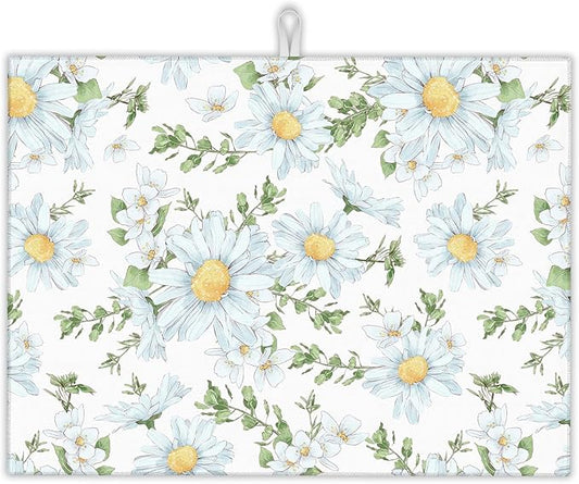 White Chamomile Flowers Dish Drying Rack Mats Decor, Dish Pad Drying Mat Kitchen Counter 18x24 Inch Absorbent Reversible Microfiber for Coffee Bar Sink Countertop