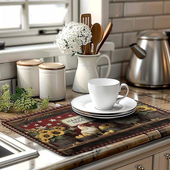 Vintage Rooster Dish Drying Mat Farmhouse Summer Sunflower Kitchen Dish Drying Pad Absorbent Fall Dish Dryer Mat for Kitchen Countertops Microfiber Dishes Drainer Pad Dish Drying Rack Mat (18x24 in)